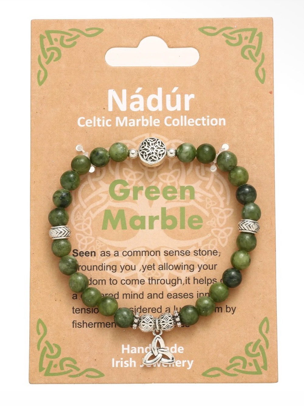 Green Marble Bead Bracelet with Celtic Trinity Charm